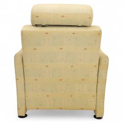 Ligne Roset - modernist French ‘Petite Sieste’ recliner armchair, cream upholstered with shaped back, built-in bolster headrest and curved armrests with contrast suede pads
