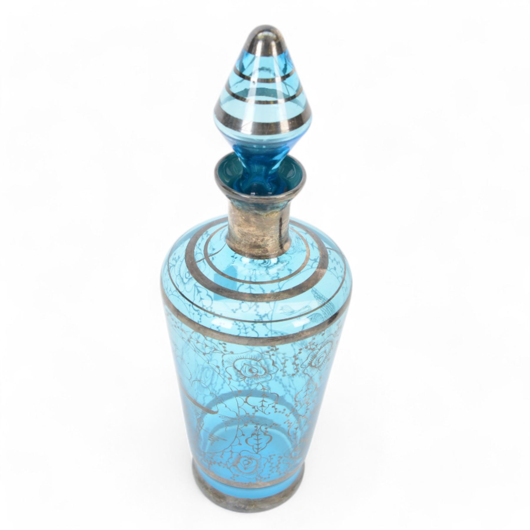 Pair of Victorian Bohemian ruby glass goblet and cover, together with a blue glass decanter and a ruby plate with silvered overlay, goblets H24cm 