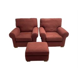 Multiyork - traditional three seat sofa upholstered in claret red fabric (W200cm H80cm); and pair matching armchairs (W103cm) 