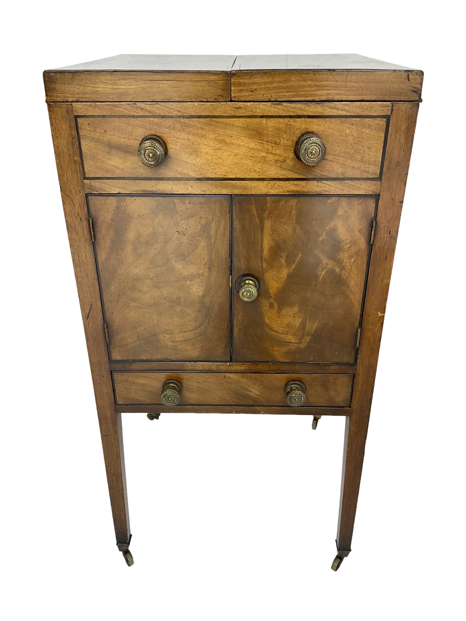 Georgian mahogany washstand cabinet, the double hinged lid opens to reveal wash basin and lift up tilting mirror, false drawer over double cupboard and drawer, on square supports with brass cups and castors