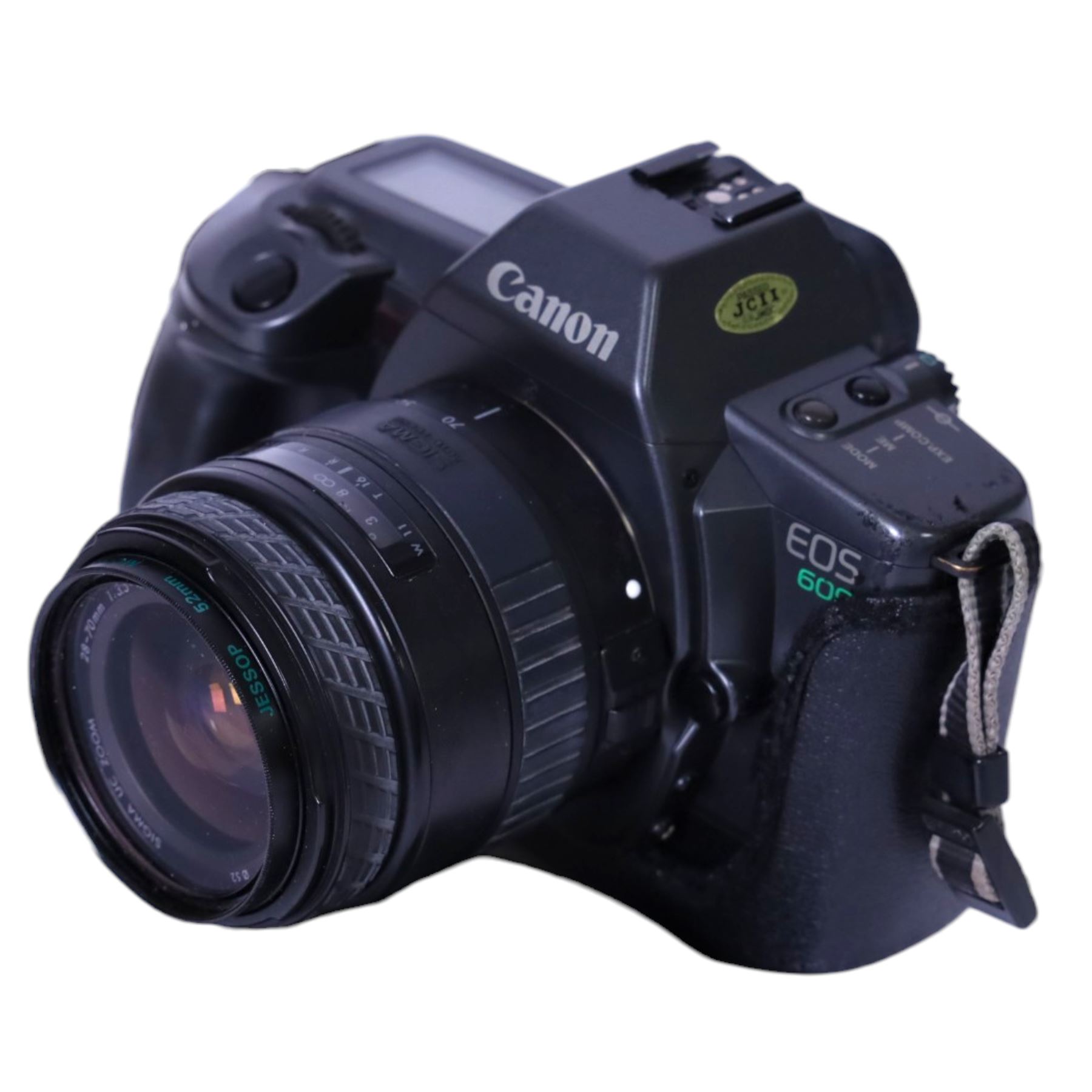 Three 35mm film SLR cameras, comprising Canon EOS 50E camera body with a Canon Ultrasonic EF 28-80mm 1:3.5-5.6 lens, together with a Canon EOS 600 camera body with a Sigma UC 28-70mm 1:3.5-4.5 lens and a Praktica MTL5 with a Carl Zeiss Jena DDR MC Flektogon 2.4/35 lens