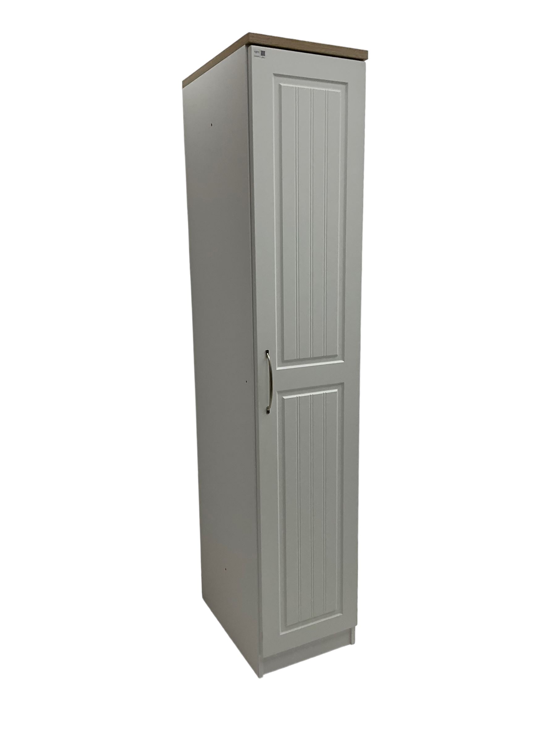 Oak and white finish tall narrow single wardrobe, fitted with shelves