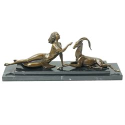 After Pierre Le Faguays (French 1892-1962): 'The Seduction' - Diana with Gazelle, bronze s...