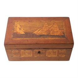 19th century satin wood marquetry inlaid correspondents box, the lid with inlaid three-masted sailing ship, opening to fitted compartments,  H1cm, L21cm, D12cm