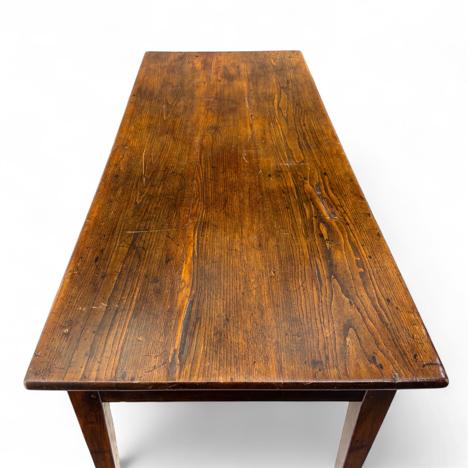 19th century provincial elm and oak farmhouse table, rectangular plank top above two frieze drawers fitted with turned wooden knobs, raised on square tapering legs