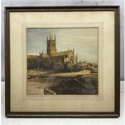 Frederick Rowland Emett (British 1906-1990): Worcester Cathedral, watercolour signed, titled in pencil and bearing remnants of Royal Academy exhibition label verso 43cm x 36cm