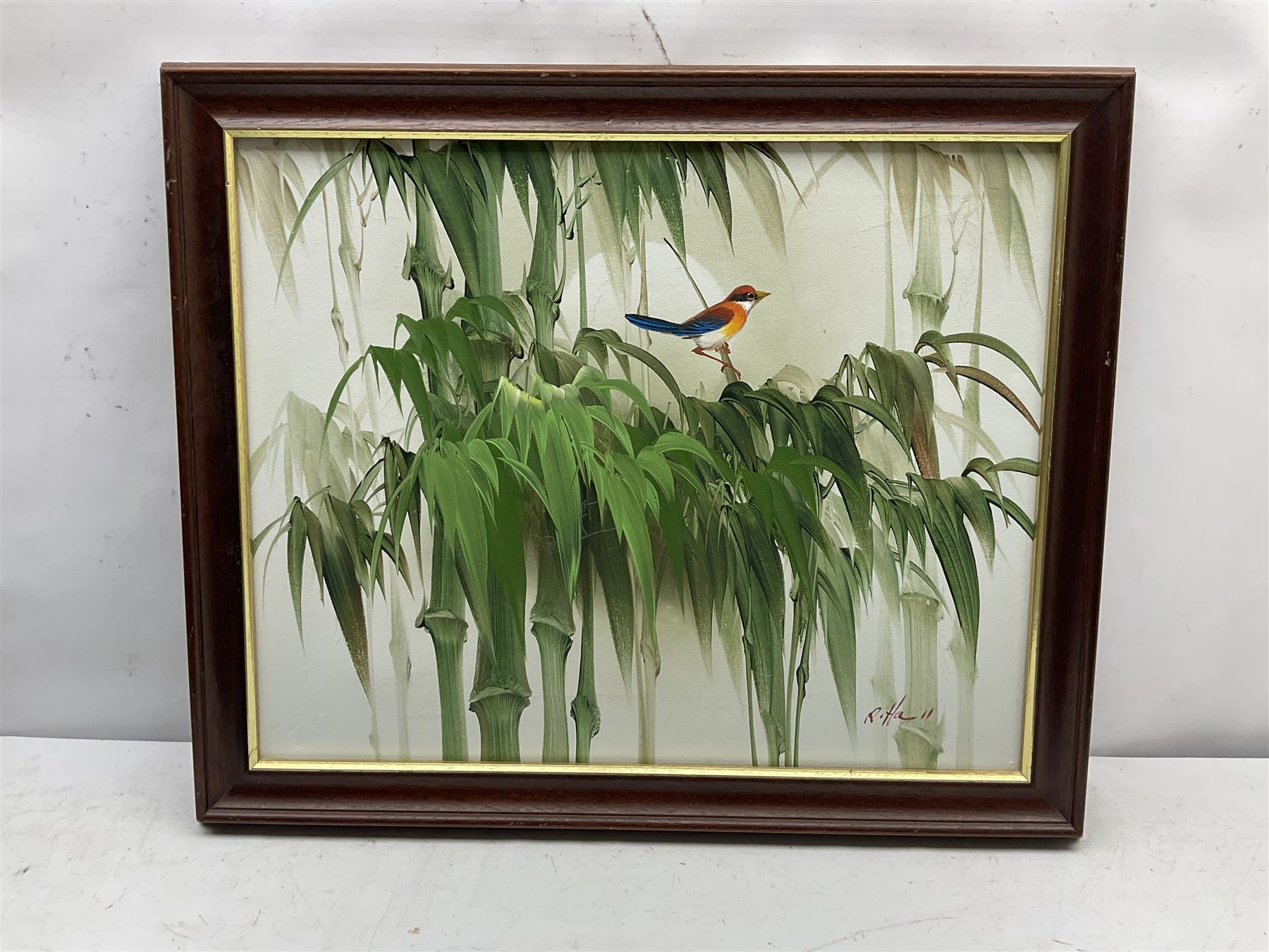 R Hall (British 20th century): Exotic Bird Perched on Bamboo Trees, oil on canvas signed together with S Atkinson (British 20th century): Roses, watercolour signed max 40cm x 50cm (2)