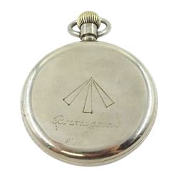 WWII Royal Navy nickel pocket watch by Waltham Vanguard, 23 jewels lever movement, white enamel dial with Arabic numerals and subsidiary seconds dial, the back case with broad arrow and engraved Bravingtons