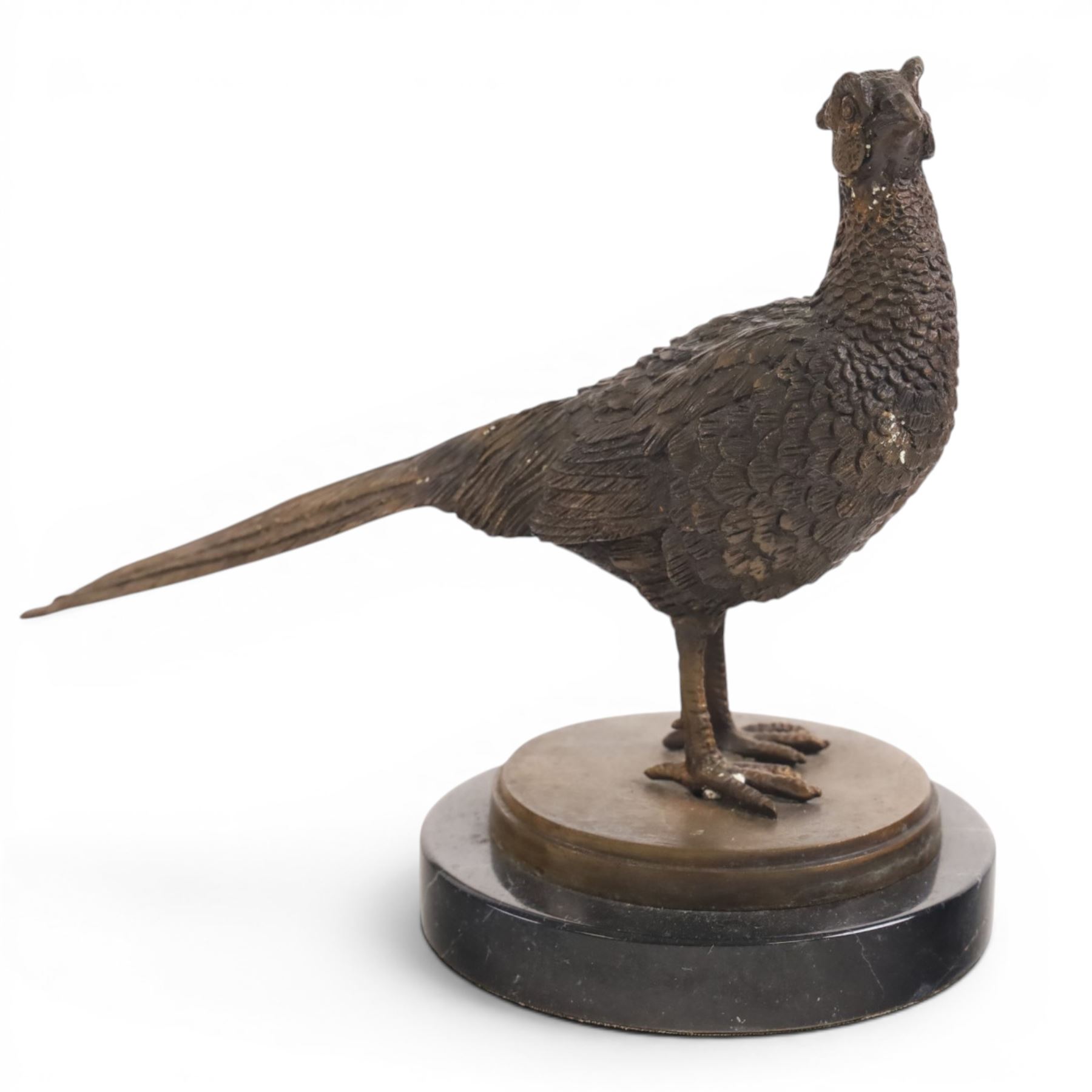 Bronze pheasant upon a circular marble base, together with a similar partridge, largest H25cm 