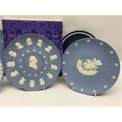 Collection of Wedgwood Jasperware, to include black Eisenhower Bust, two black basalt paperweights, one depicting an eagle and one depicting Julius Caesar, a blue Zodiac plate, Man on the Moon commemorative plate, American Independence Bicentennial plate and Royal commemorative ware, etc, all with impressed marks beneath, some with boxes
