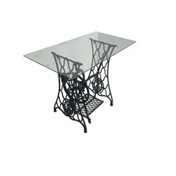Singer - early 20th century cast iron sewing machine table, with rectangular glass top