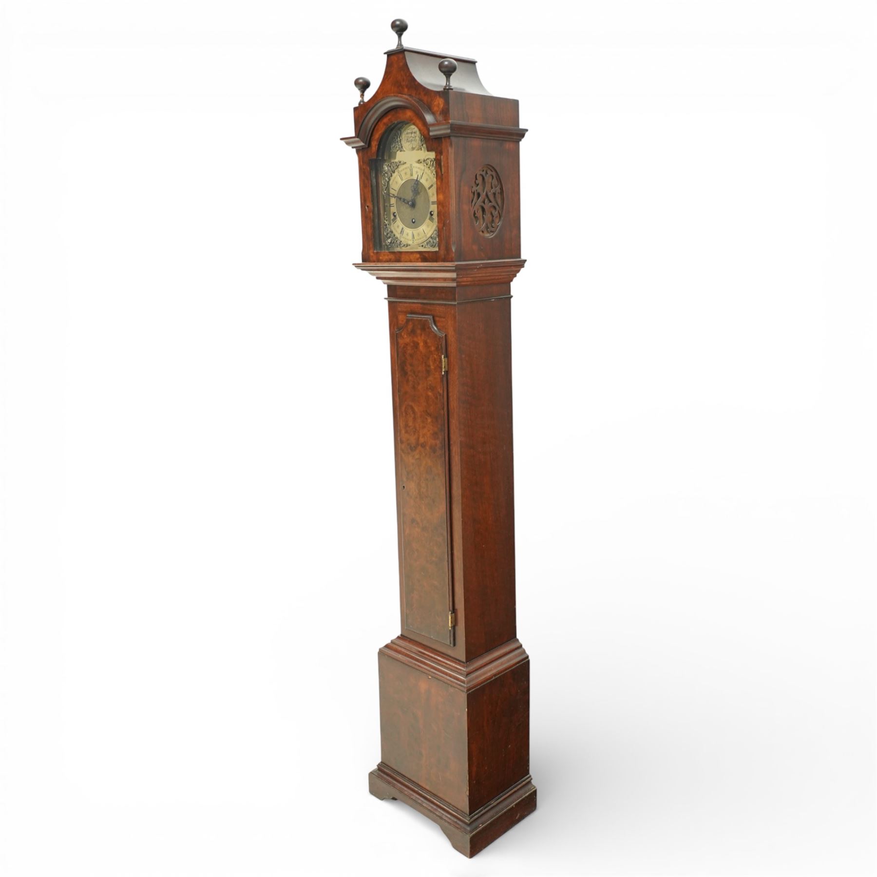  Grandmother clock, the brass dial inscribed 'Walton, Newcastle upon Tyne', with three train movement in burr walnut case on bracket feet  H170cm keys and pendulum
