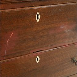 18th century oak chest, fitted with two short and three long graduating drawers, bone escutcheons and brass swan neck handles, bracket feet