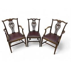 Set of six (4+2) 19th century Chippendale-design mahogany dining chairs, shaped cresting rail over pierced bulbous vase-shaped splat, burgundy leather upholstered seats with brass stud trim, on square tapering supports united by H-stretchers