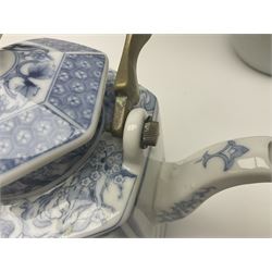 Chinese vase, decorated with vines and grapes and signed beneath, together with Chinese tea set of hexagonal form, comprising teapot and stand and six cups, vase H30cm