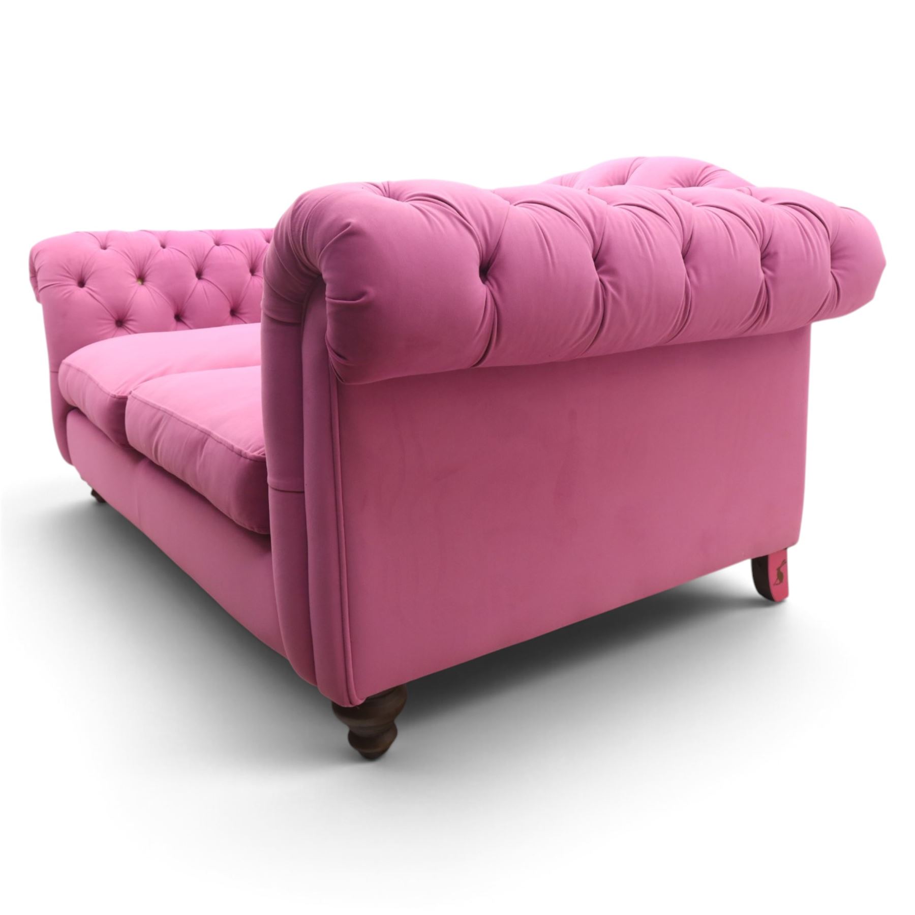 Joules - Windsor Chesterfield three seater sofa in pink velvet, shaped back with deep buttoned sides, loose seat cushion raised on turned and shaped supports