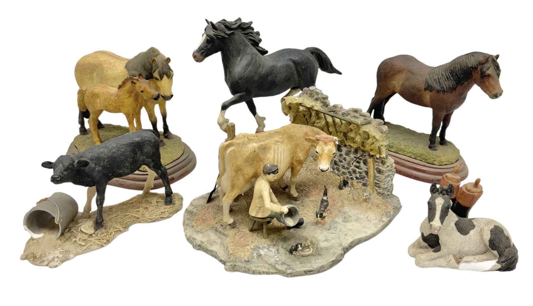 Collection of Border Fine Arts figures, comprising Exmoor Stallion A4058, Highland Mare & Stallion A2691, Welsh Cob A20804, On The Farm A0167, calf figure with bucket and figure group of cow and farmer with cat and kittens (6)