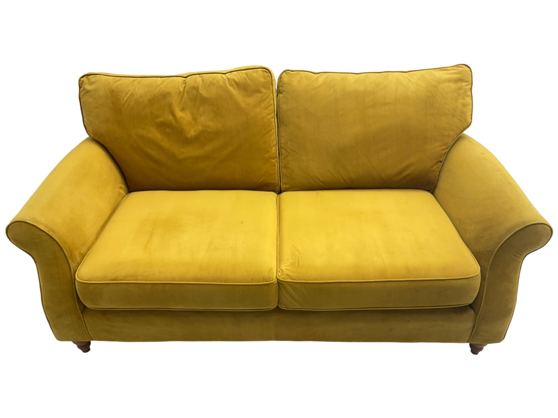 Next Furniture - traditional shaped three-seat sofa, upholstered in mustard velvet, rolled arms with pipping, on turned front feet