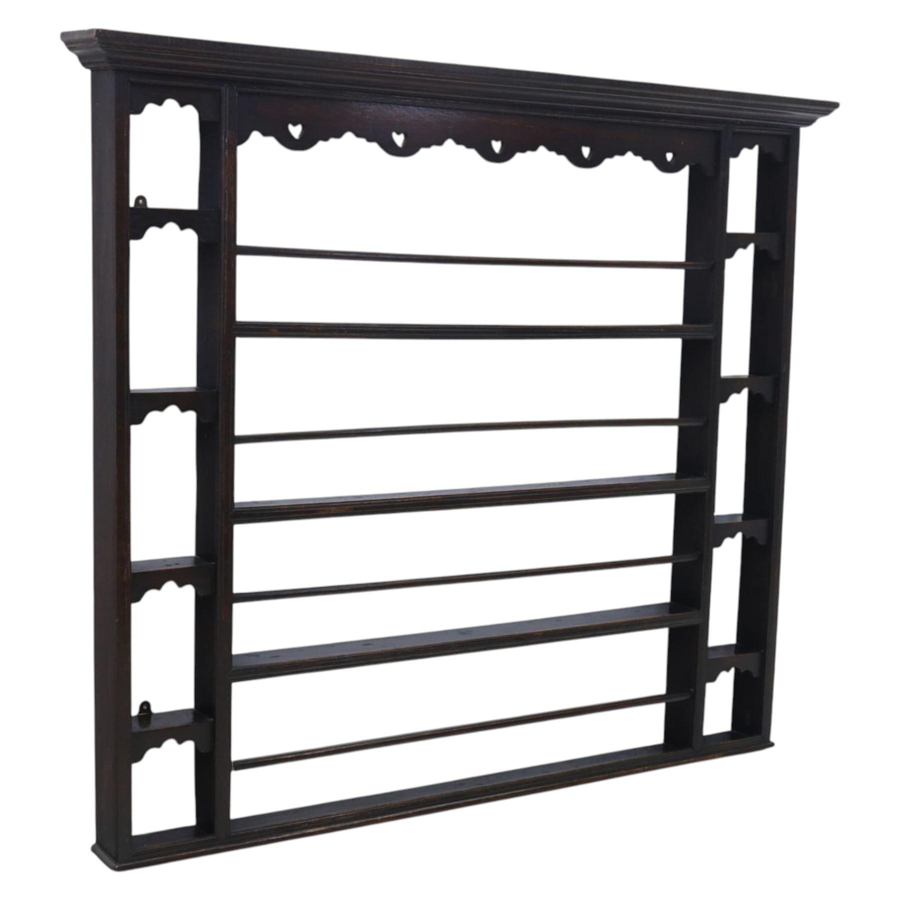 Large 18th century oak plate rack, fitted with narrow pigeon hole shelves to either side, with four central shelves and bars