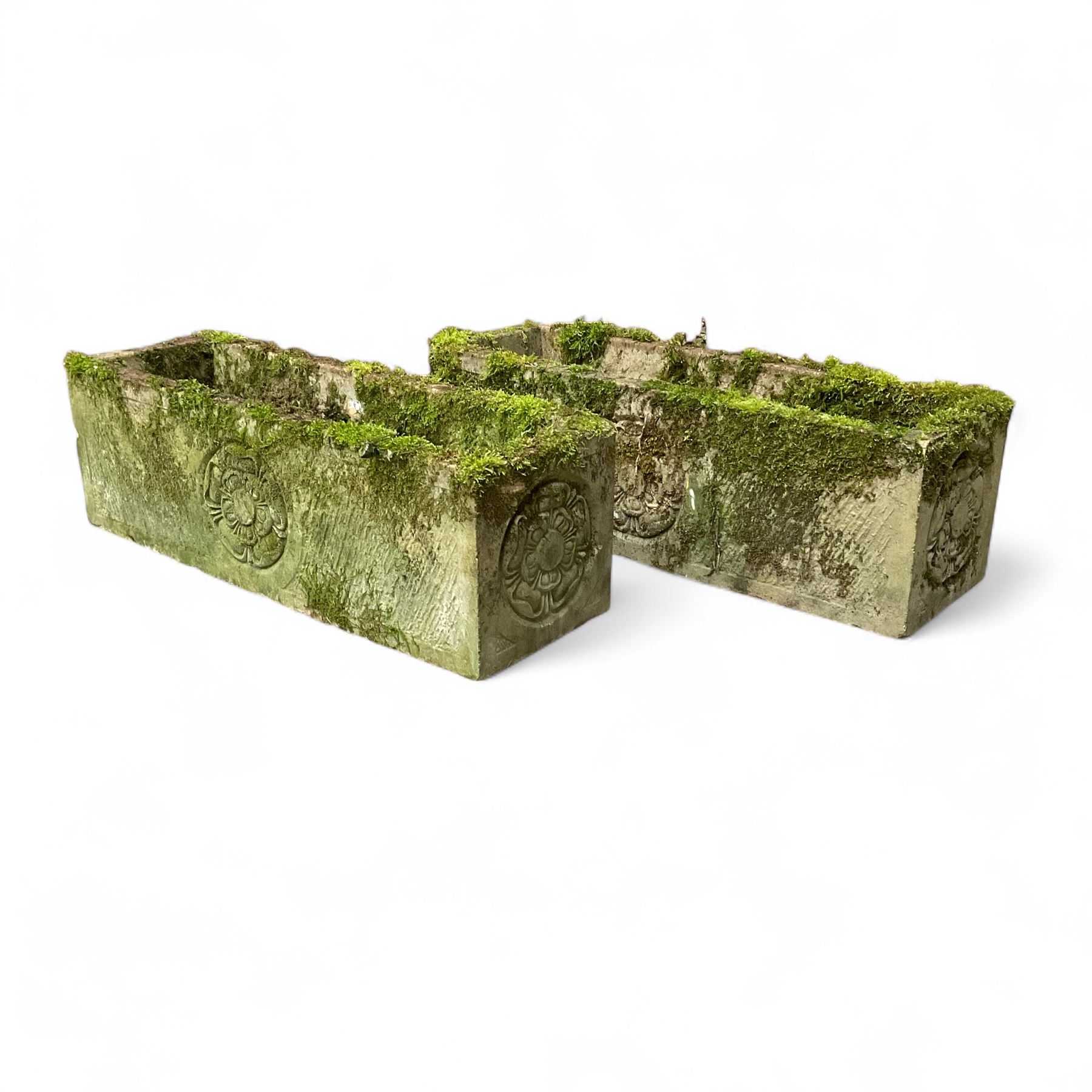 Pair of Yorkshire Rose weathered cast stone trough planters