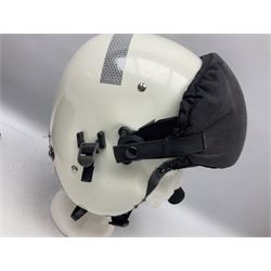 RAF Alpha MK 4 helicopter pilot's flying helmet, finished in white for civilian/rescue service use; reconditioned and avionics tested as working; black cloth cover to visor; fitted with boom microphone; medium size; in blue cloth carrying bag