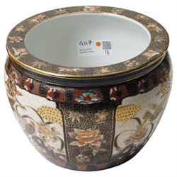 Two contemporary satsuma jardinieres, carved Rhinoceros and Elephant, and three stands