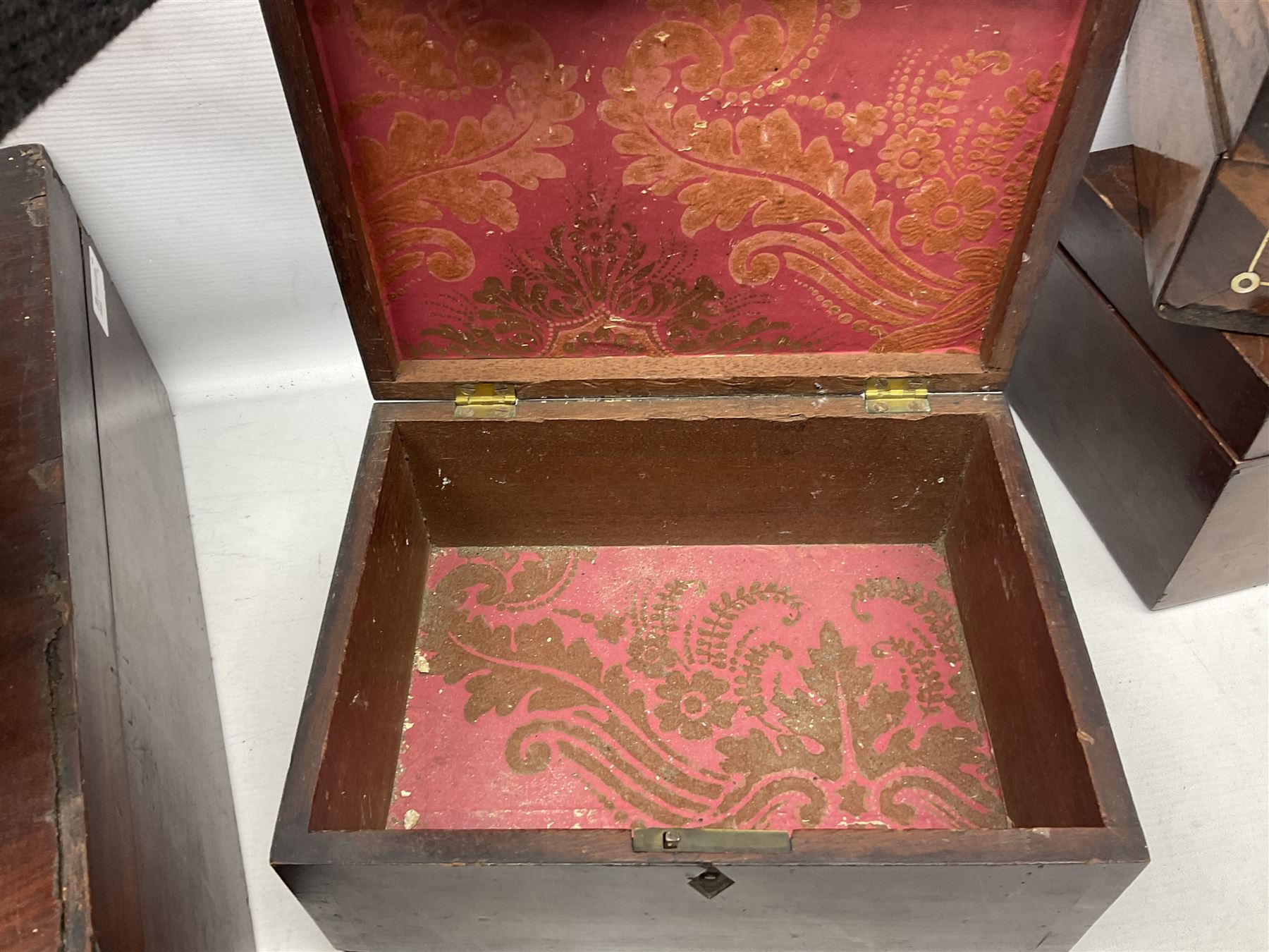 Collection of 19th century and later boxes for restoration, to include a mother of pearl inlay example, oak canteen, large mahogany example etc