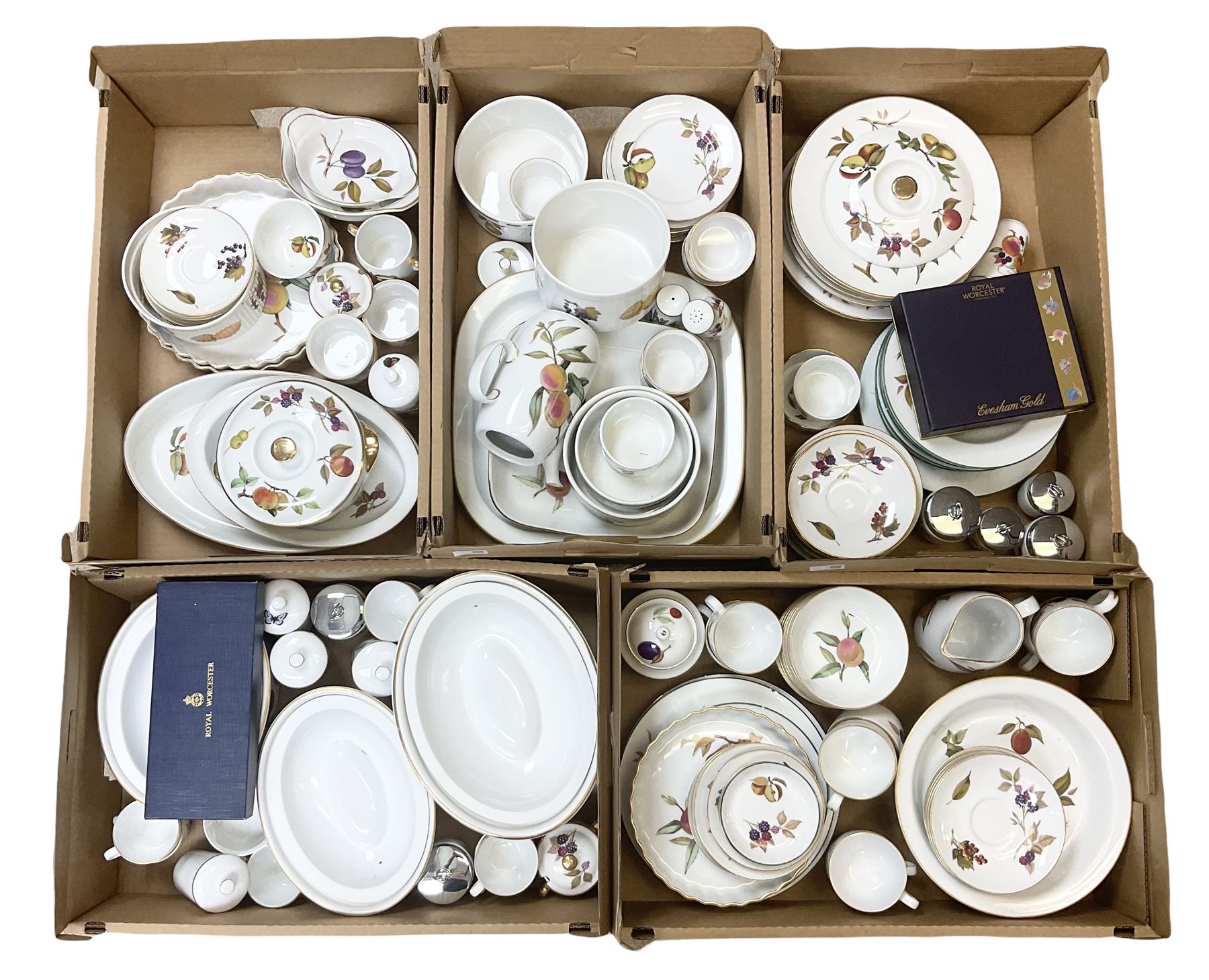 Royal Worcester Evesham and Evesham Vale tea and dinner wares, to include, three large covered tureens, coffee pot, eight tea cups and saucers, milk jug, two covered sucriers, boxed serving spoons etc, approx .130