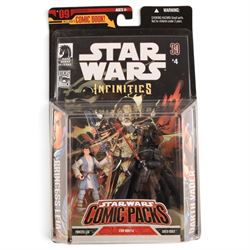 Four Hasbro Star Wars 3.75 inch figure Comic Packs, comprising The Hunt for Aurra Sing #31, Infinities #4, Star Wars Republic #55 and Heir to the Empire #5, all in blister packs