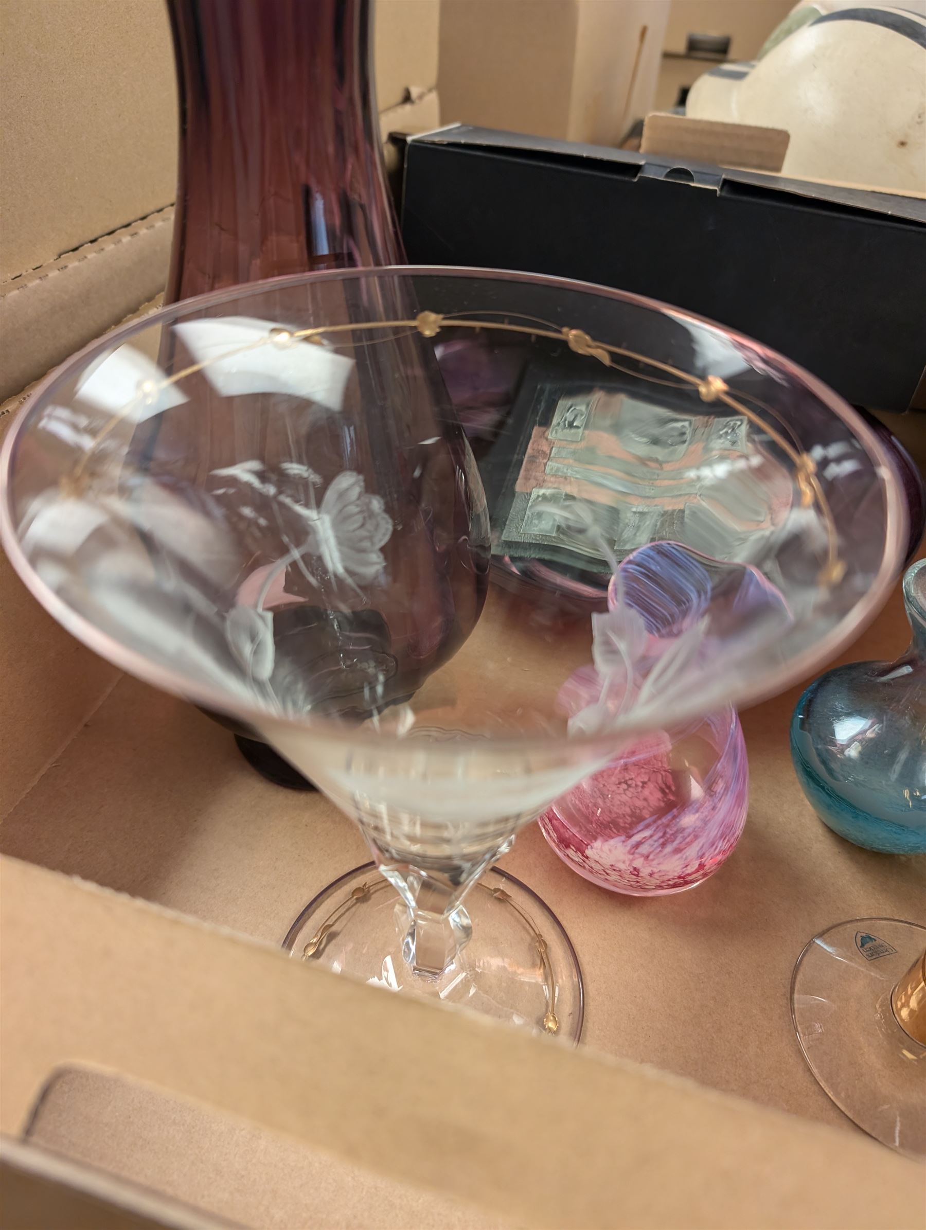 Orrefors Nobel glass, boxed, Moser limited edition Mulberry Hall glass, Dartington purple glass vase, two Caithness vases, etc 