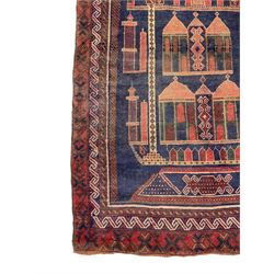 Persian Baluchi prayer rug, blue ground field decorated with Mosque and cityscape, the border with repeating geometric designs 