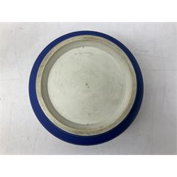 Wedgwood blue Jasperware salad bowl with silver plated collar and matching servers, bowl D22.5cm