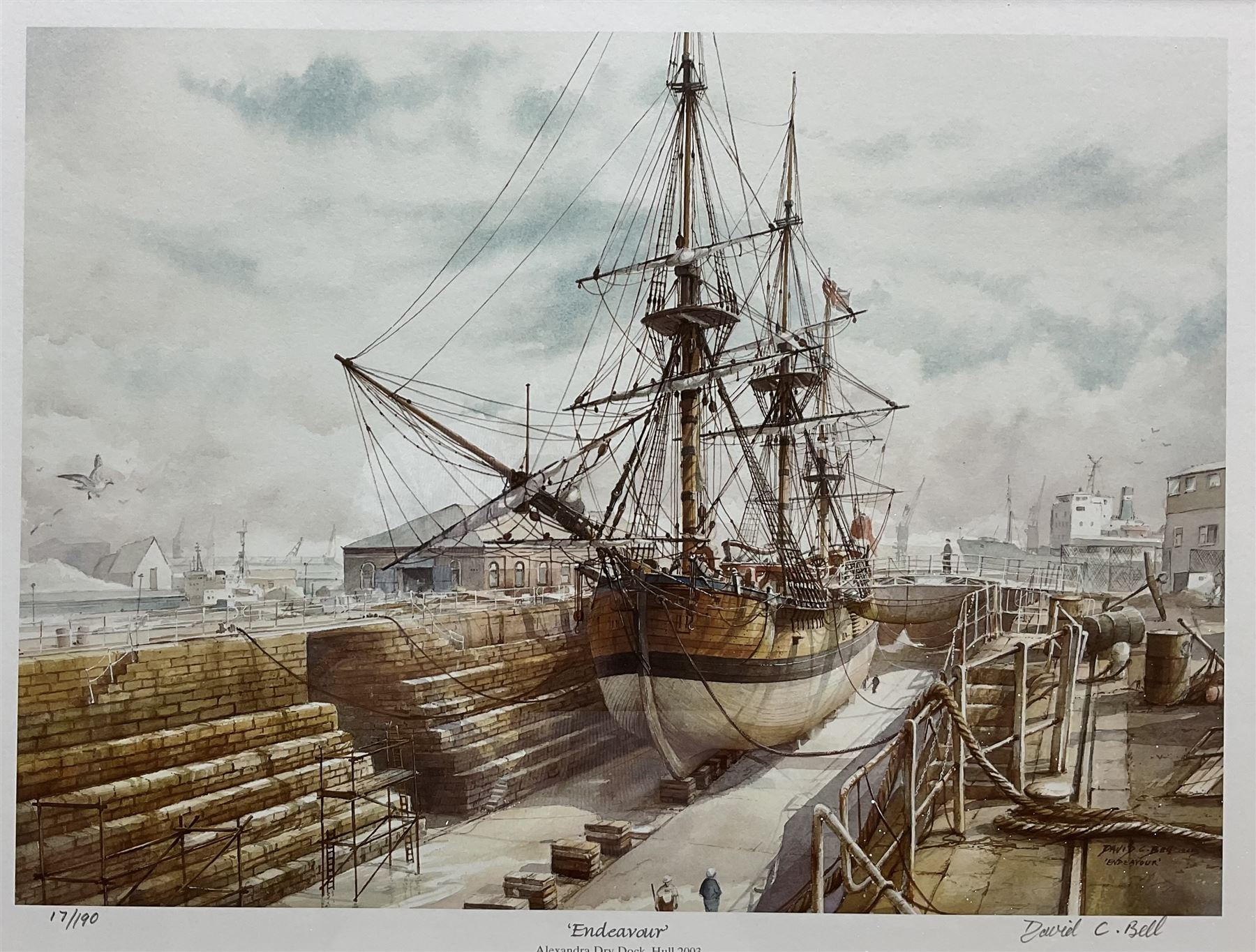David C Bell (British 1950-): 'The Endeavour in Alexandra Dry Dock - Hull 2003', limited edition colour print signed in pencil 34cm x 46cm 