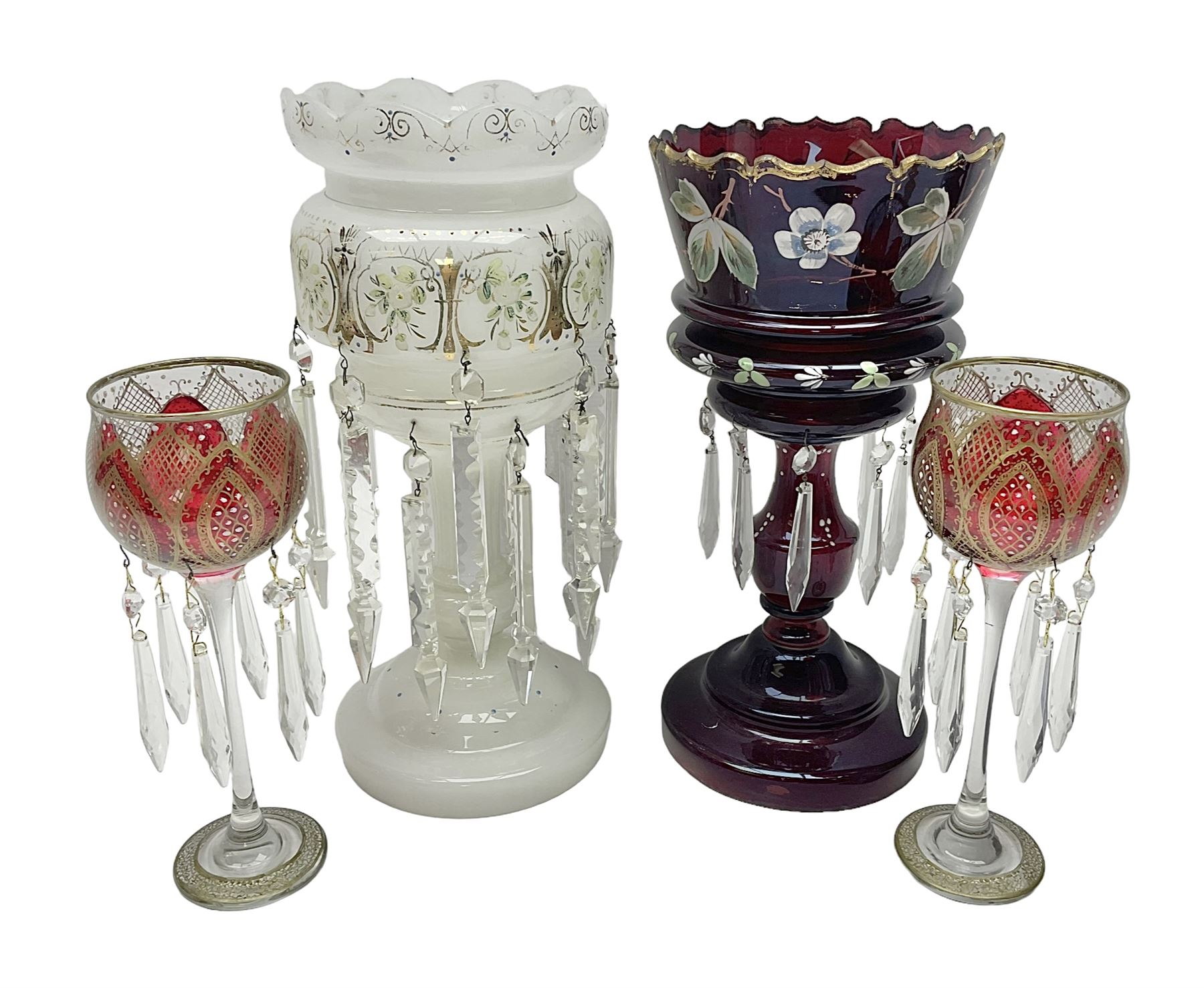 Bohemian red glass lustre, painted with stylised floral and foliate decoration, together with a milk glass example and two bohemian goblets converted to lustres 