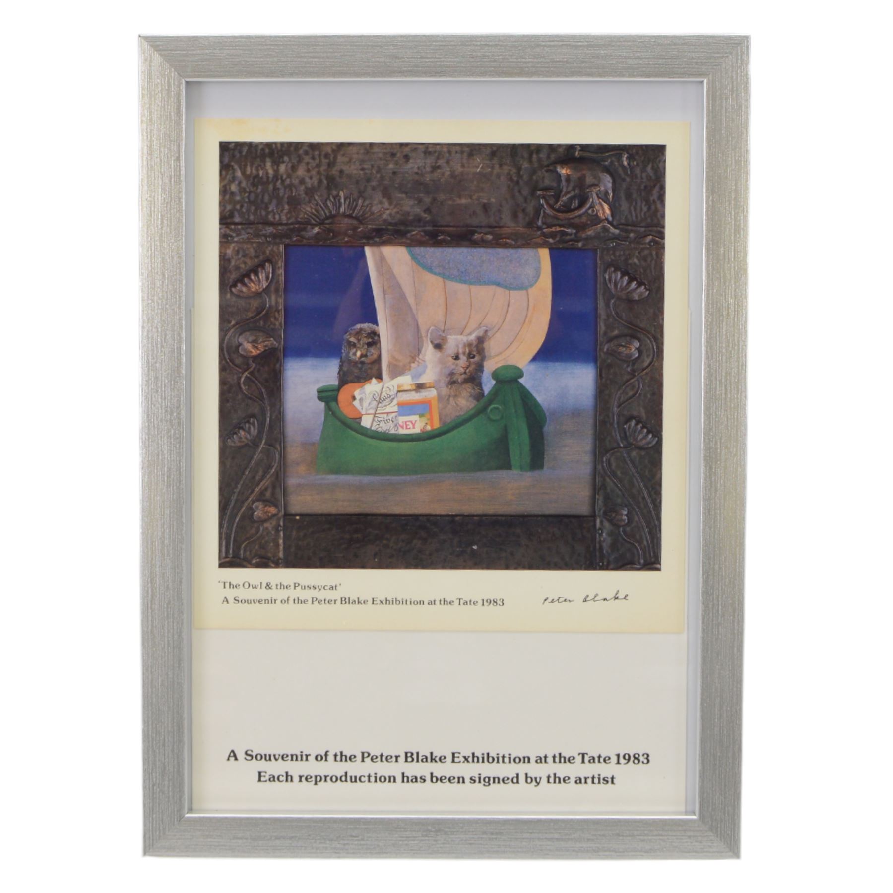 Peter Blake (British 1932-): 'The Owl & the Pussycat', exhibition souvenir print signed 16.5cm x 17.5cm together with a corresponding 1983 Tate Gallery exhibition brochure and Alphabet by Peter Blake 