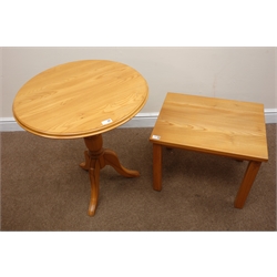  Shaw & Riley 'Sea horsemen' of Hessay elm circular occasional table, single turned column, three sabre supports and a rectangular side table (2)  