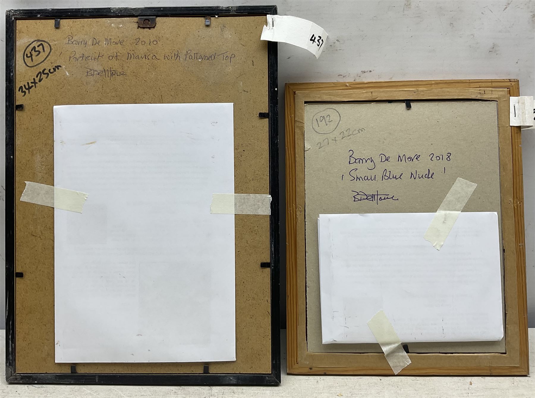 Barry De More (Northern British 1948-2023): 'Small Blue Nude' and 'Portrait of Marisa with Patterned Top', charcoal and watercolour on paper, each signed titled and dated 2010 and 2018 verso, max 24.5cm x 16cm (2)
Notes: Acclaimed as one of the North's greatest expressionist artists, Barry De More (1948-2023) used a heavy impasto style to transfer his love of Yorkshire landscapes, townscapes and people to canvas. His work sits comfortably in the company of work by Kossoff and Auerbach, selling to collectors in the UK and overseas. De More's work can be found in the permanent collection of work by Northern Artists at Dean Clough, one of the UK's largest contemporary art galleries.