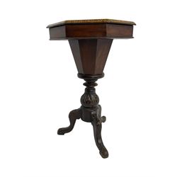 Late 19th century inlaid walnut sewing or work table, octagonal hinged top with satinwood and ebony chessboard inlay, surrounded by foliate decoration, the edges inlaid with crossbanding and stringing, fitted interior with chess pieces, raised on baluster pedestal carved with acanthus leaves on a tripod base 