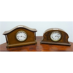  20th century inlaid oak cased mantel clock with silvered Arabic dial, twin train movement striking the half hours on a coil, and two Edwardian inlaid mahogany mantel timepieces H31cm max (3)  