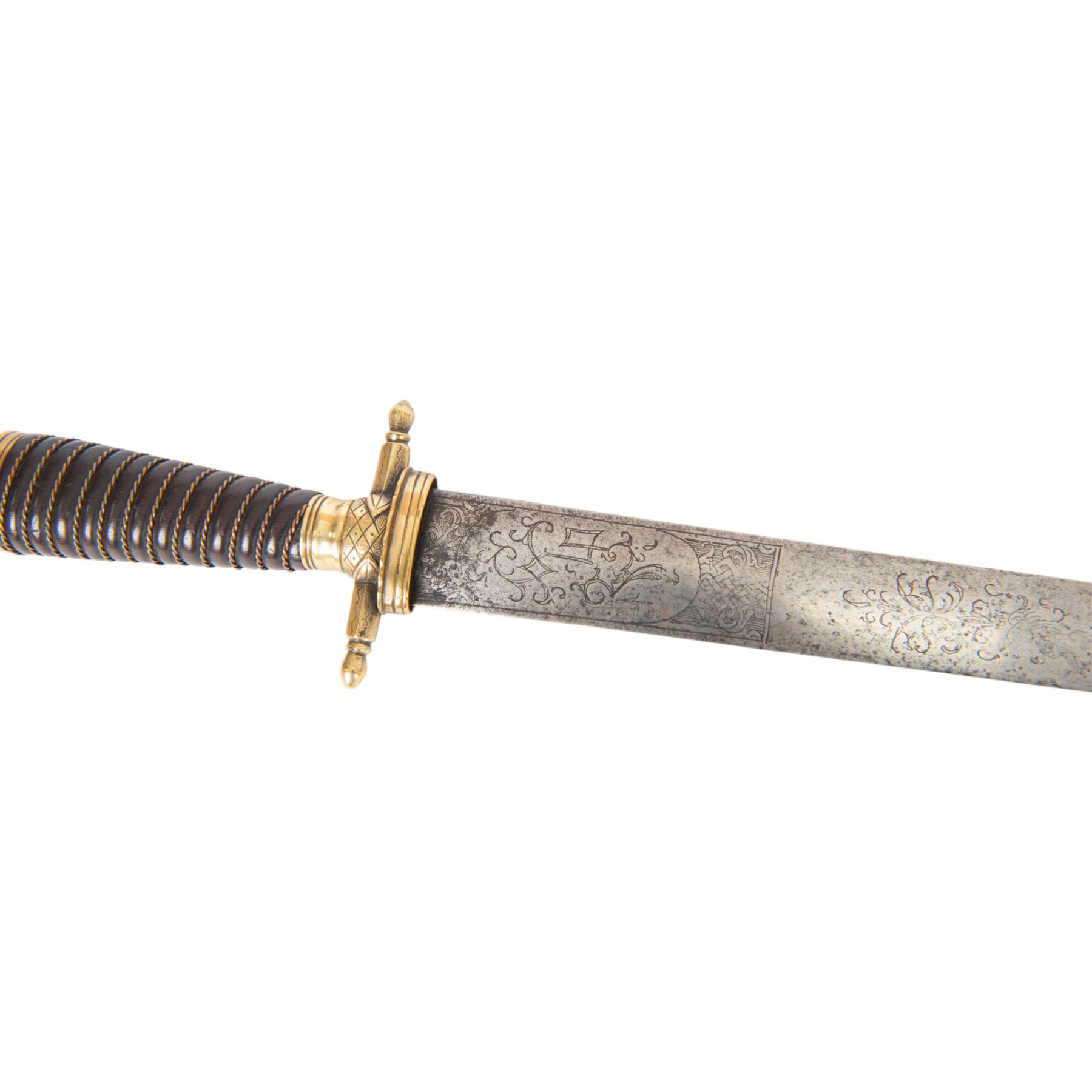 German hunting hanger, with 55cm double edged blade half etched on both sides with scrolling patters and bird, brass hilt with and leather handle with copper wire winding, overall L69cm 