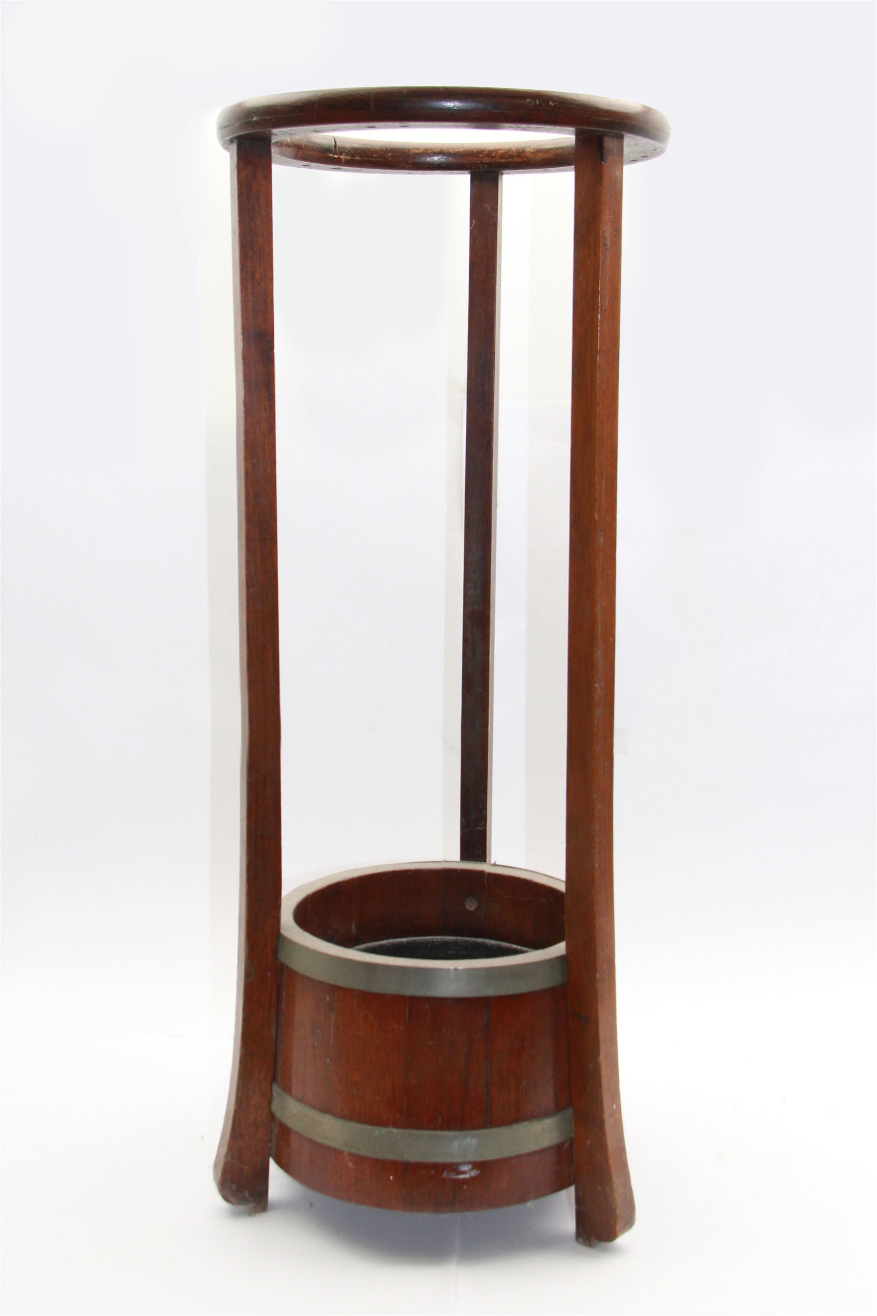 Wooden stick/umbrella stand of circular form with metal drip tray, H75cm