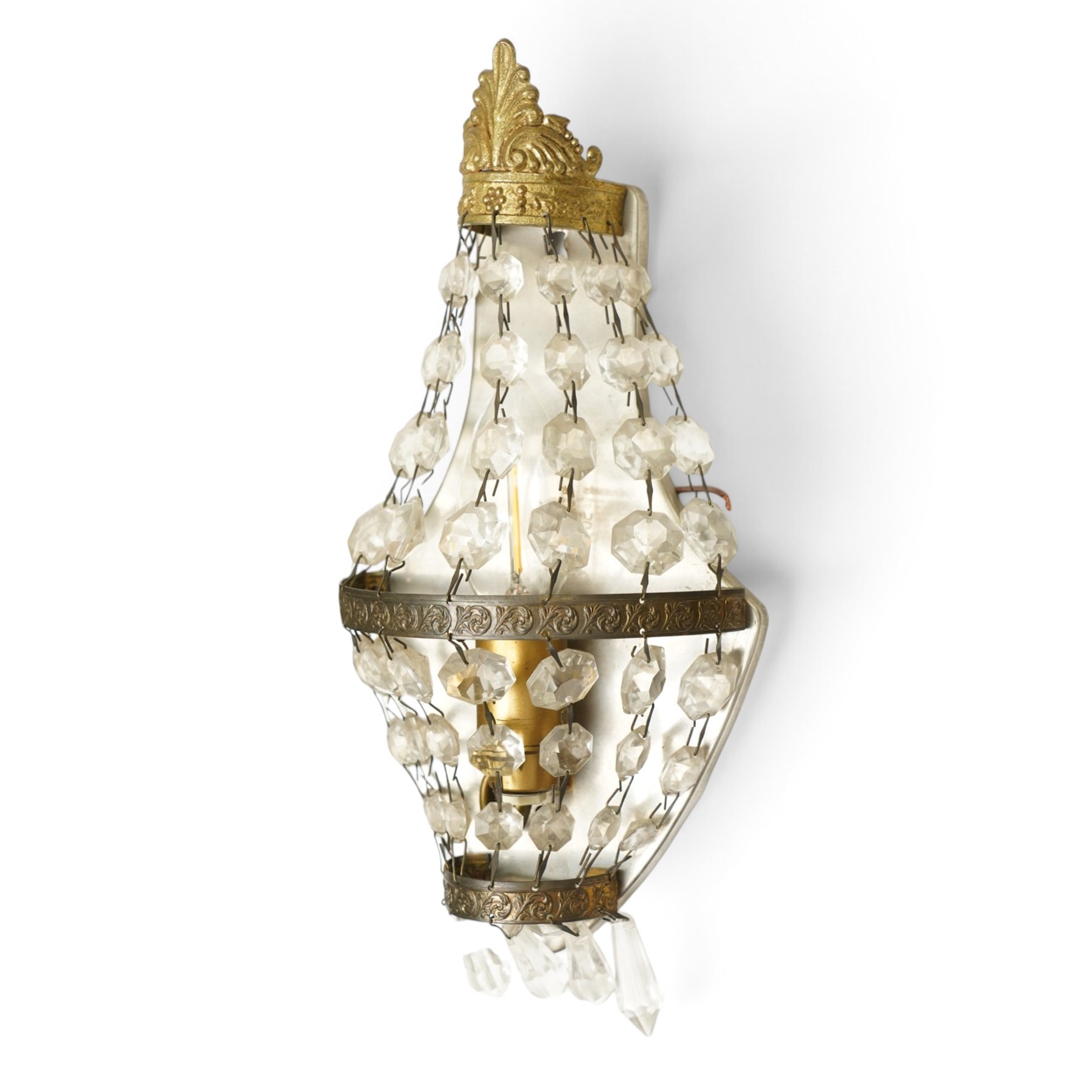 Brass and crystal ceiling light, drop 72cm, together with three small crystal oval wall lights, H28cm (4)