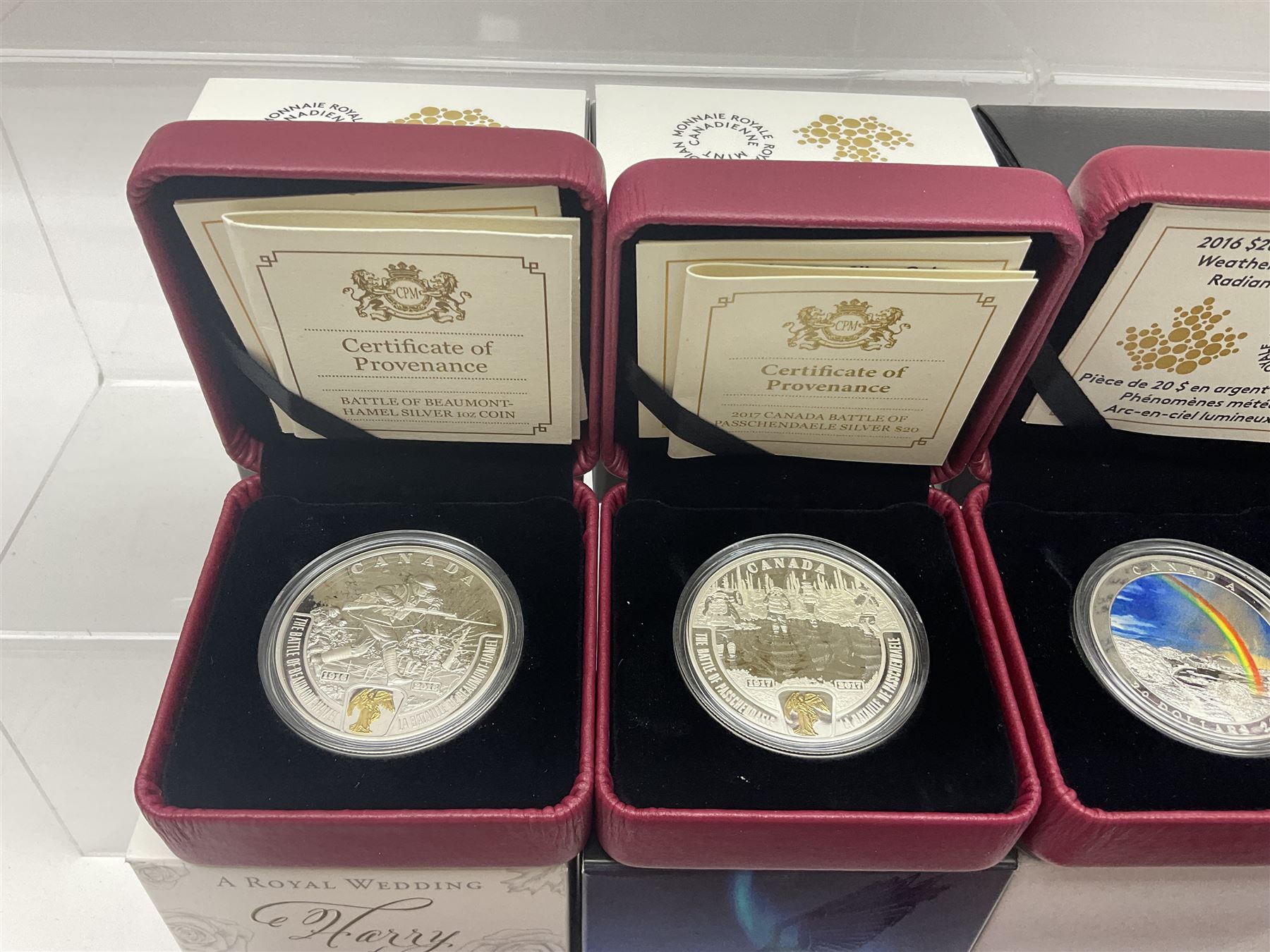 Eleven Royal Canadian Mint fine silver twenty dollar coins, including 2016 'A Royal Tour', 2017 'A Platinum Celebration', 2018 'A Nation's Mettle The Dieppe Raid', 2019 'Give Peace A Chance 50th Anniversary' etc, all cased with certificates