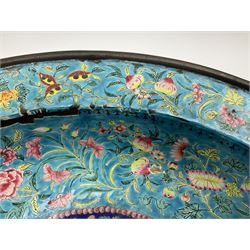 18th/19th century Chinese Canton enamel basin, the circular basin with flat everted rim, decorated with scrolling foliate and fruit decoration on a blue ground, D43cm