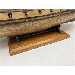 Wooden model of the three mast sailing ship with full rigging, on a wooden display base, H95cm, L110cm