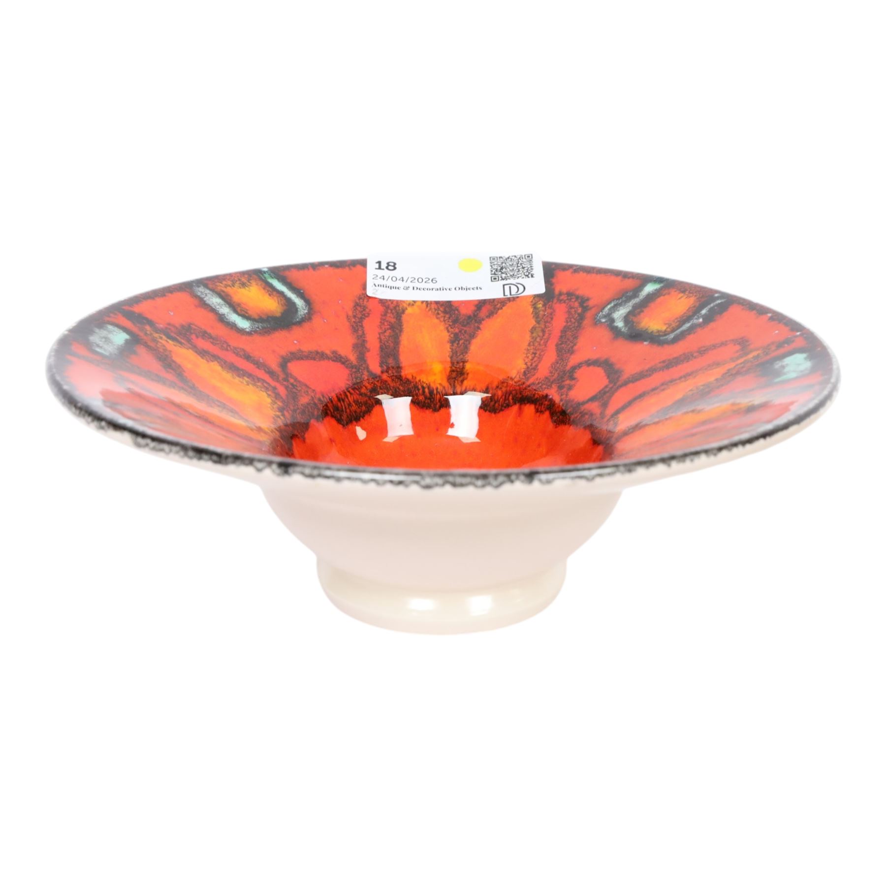 Poole pottery, Delphis Volcano pedestal dish, Delphis charges, in blues and black on a red ground, shape four and another plate, pedestal dish D23cm 