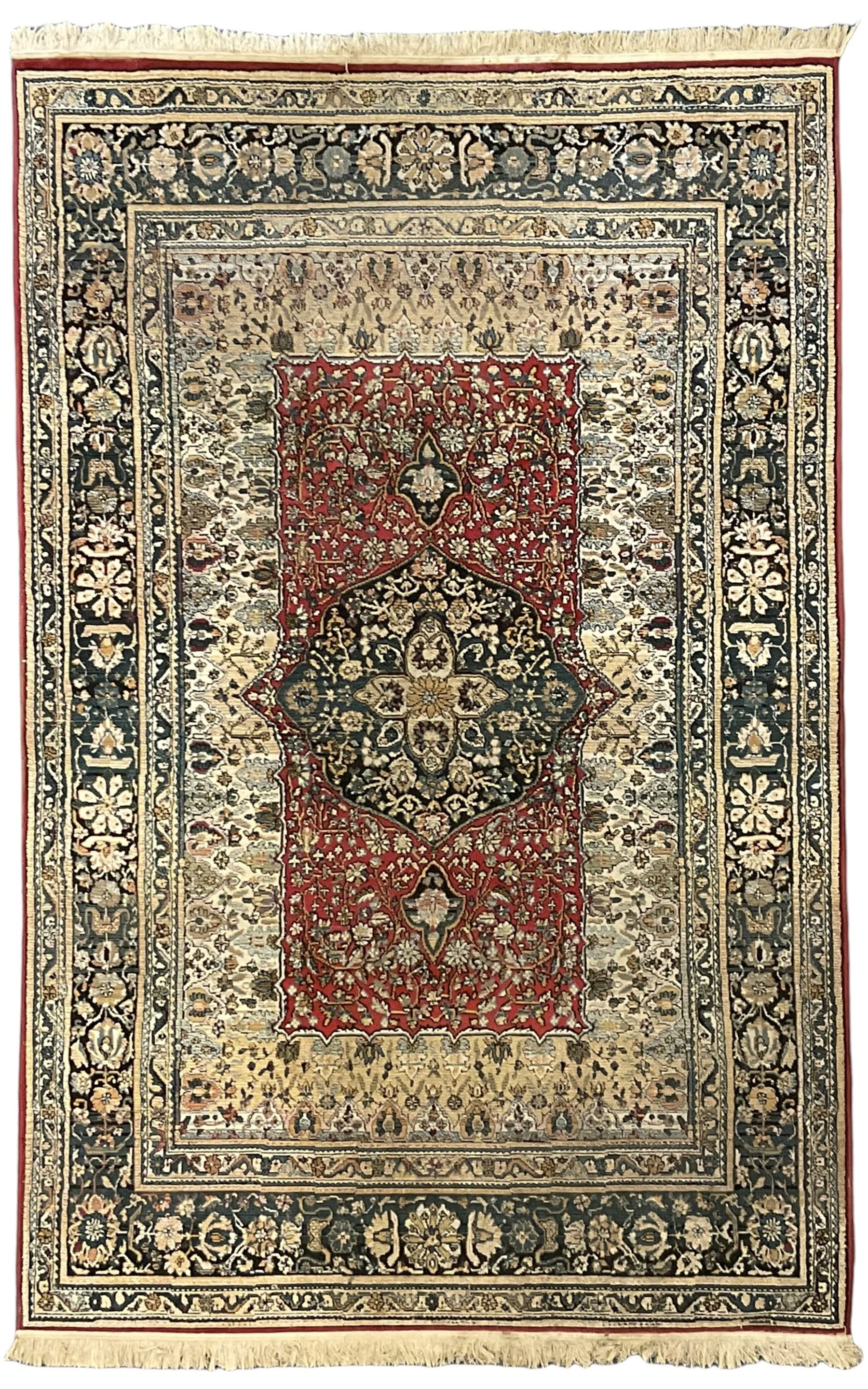 Persian design rug, rectangular crimson ground field with medallion, surrounded by trailing foliate branches, within wide border bands decorated with stylised floral motifs 