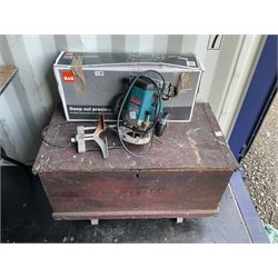 Deep cut precision mitre saw with Makita electric router and wooden chest of tools - THIS LOT IS TO BE COLLECTED BY APPOINTMENT FROM DUGGLEBY STORAGE, GREAT HILL, EASTFIELD, SCARBOROUGH, YO11 3TX