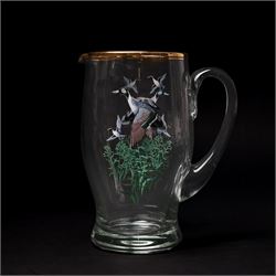 Set of ten painted glasses and jug, with geese and hunting scenes, jug H20cm 