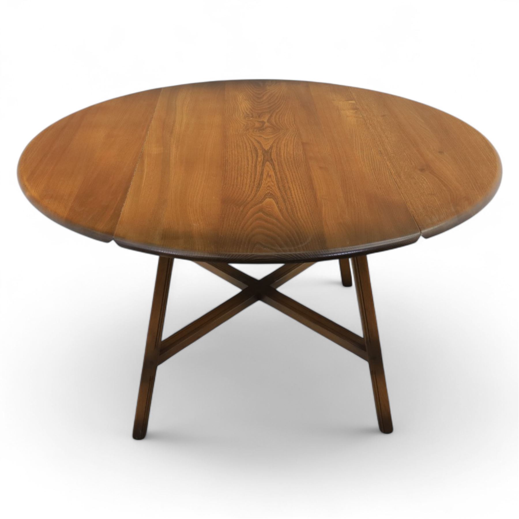 Ercol - dark elm drop leaf oval table, on square supports united by cross stretcher